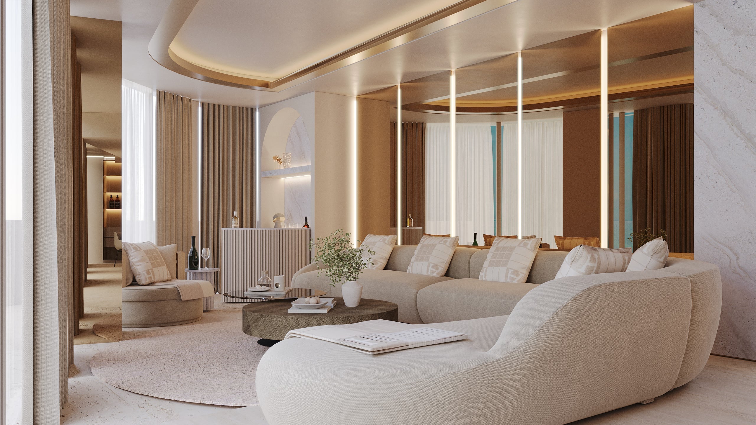 SLS — luxury living room interior render, Riviera Maya