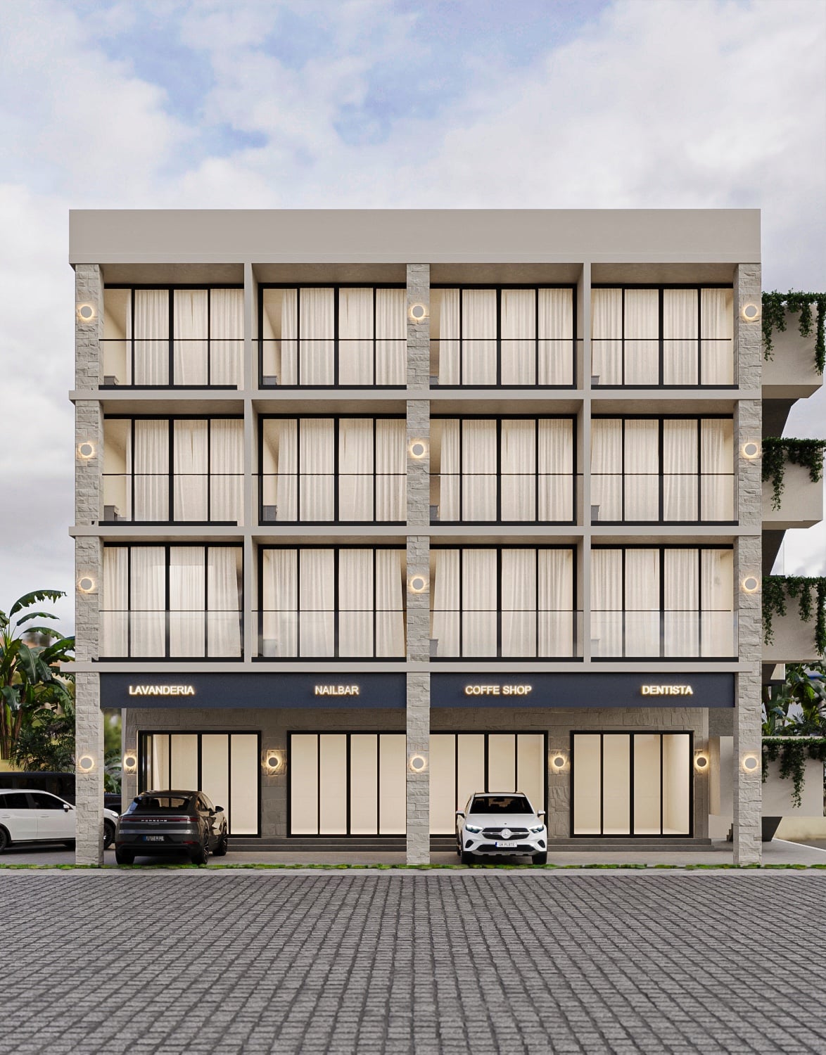 Torre Lua — architectural facade render, Cancún