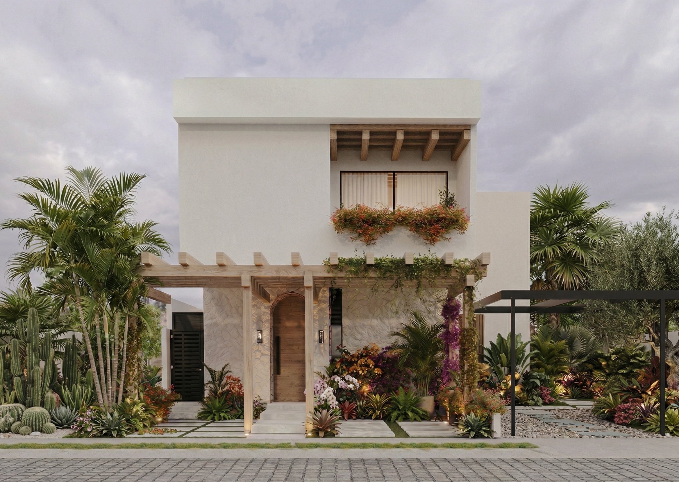 Vancouver — render arquitectónico exterior con paisajismo tropical, Riviera Maya