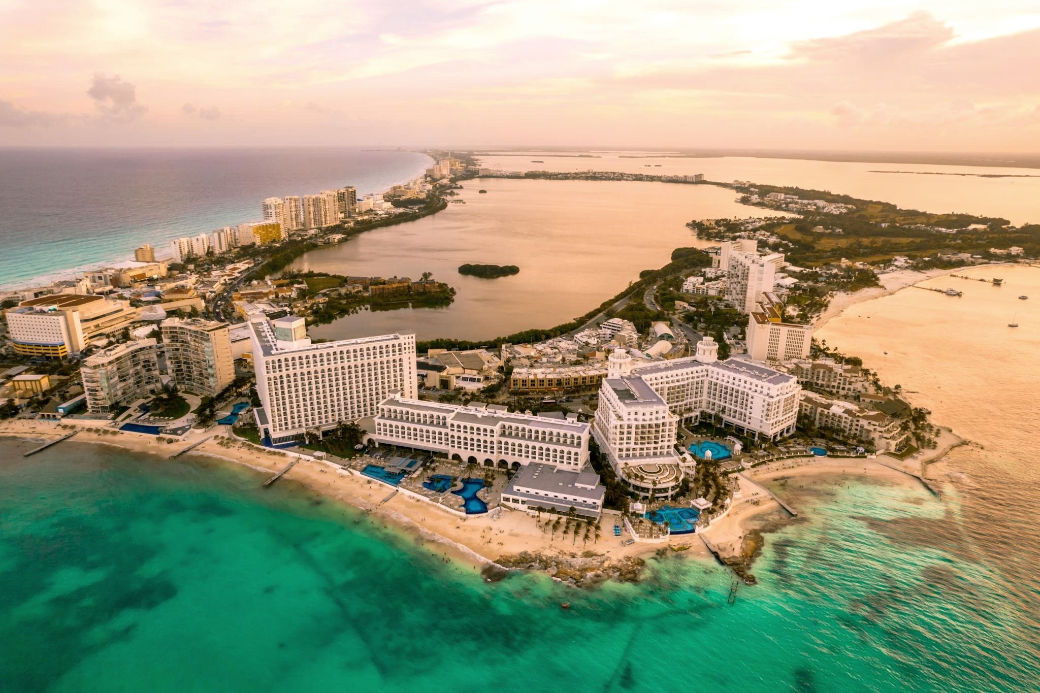 Cancún Hotel Zone aerial view — turquoise Caribbean coastline and lagoon